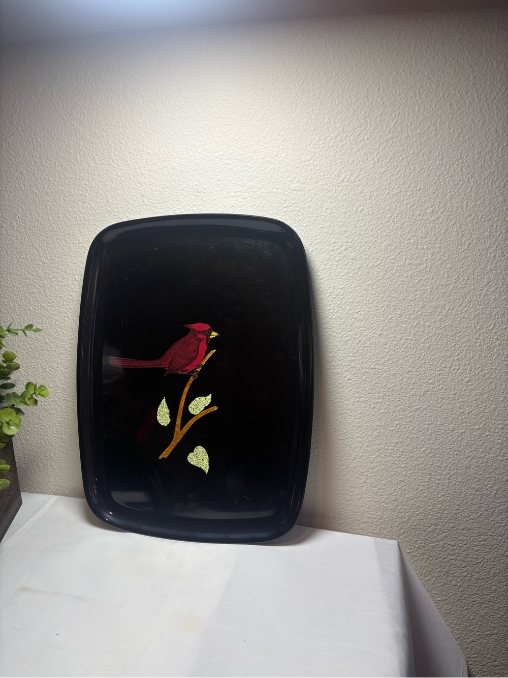 Vintage Couroc of Monterey Serving Tray-Red Cardinal MCM black inlaid resin tray